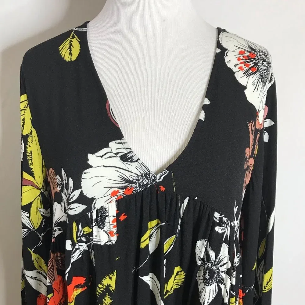 Free People Bella Black Red Green Floral Tunic Long Bell Sleeves Small